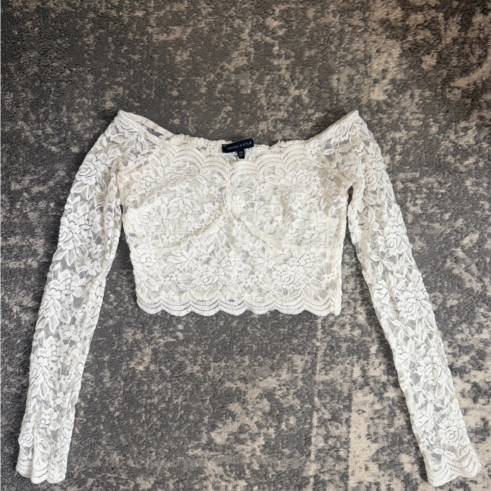 Kendall & Kylie White Lace Off-Shoulder Long Sleeve Crop Top